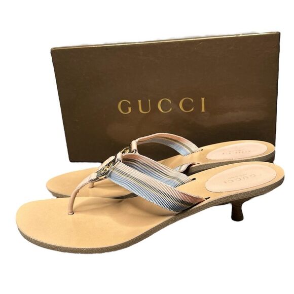 GUCCI GG Kitten Heel Beige Sandals Web Canvas Pink Blue Striped Thong Size 9.5 - Picture 9 of 9